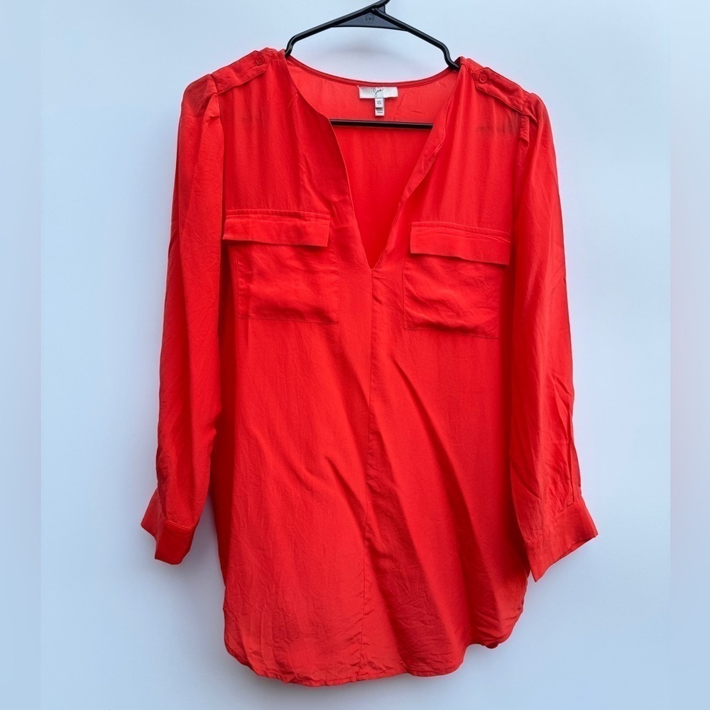 Joie 100% Silk Burnt Orange V Neckline Military Style Long Sleeve Blouse Top XS